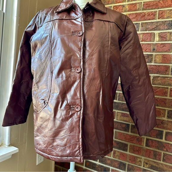 Tudor Court Haband Other - Brown Leather Button Up Patchwork Jacket Mens Size Large Zip Lining 70s Vibes